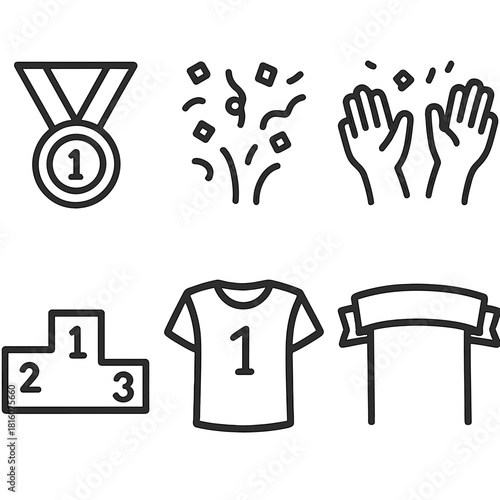 Victory Outline Icons. Victory Celebration linear icon set. medal, confetti, raised hands, podium, team jersey, victory banner