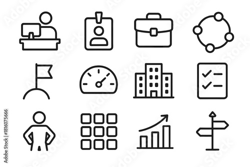 Workplace Success Icons. Professional Life Set linear icon set: workplace icon, role assignment card, briefcase clip, workflow step, career flag, performance gauge, company outline