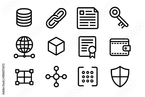 Blockchain Icon Grid. Blockchain Ecosystem linear icon set. coin stack, chain, ledger sheet, encryption key, network globe, data cube, smart contract, secure wallet, hash code
