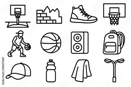 Urban Basketball Vibes. Street Basketball linear icon set: outdoor court, graffiti wall, high-top shoes, chain net, urban lights, cap, water bottle, basketball, speaker, backpack