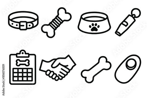 Puppy Training Essentials. Puppy Training Tools linear icon set: collar, chew toy, food bowl, trainer whistle, obedience chart, bone icon, paw handshake, training clicker