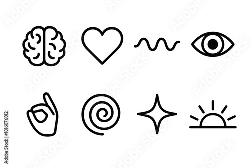 Icons of Intuition. Intuitive Judgment linear icon set: brain icon, heart symbol, wave line, open eye, spiral, hand gesture, star, sunrise