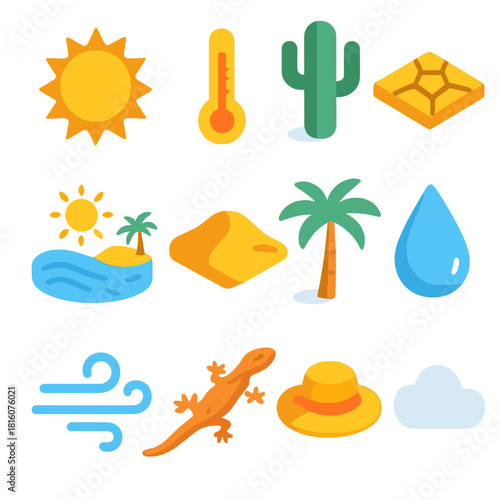 Scorching Climate Icons. Scorching Climate flat icons set. sun, thermometer, cactus, cracked ground, mirage, sand dune, palm, water droplet, wind, lizard, hat, cloud