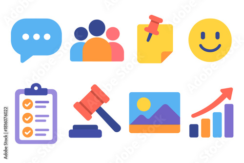 Colorful Social Media Icons. Social Group Management flat icon set: conversation bubble, teamwork icon, pinned post, reaction emoji, rules checklist, moderation tools, banner image
