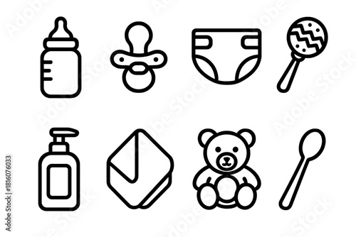 Baby Care Essentials. Baby care essentials concept linear icon set: baby bottle, pacifier, diaper, rattle, baby lotion, towel, toy bear, feeding spoon
