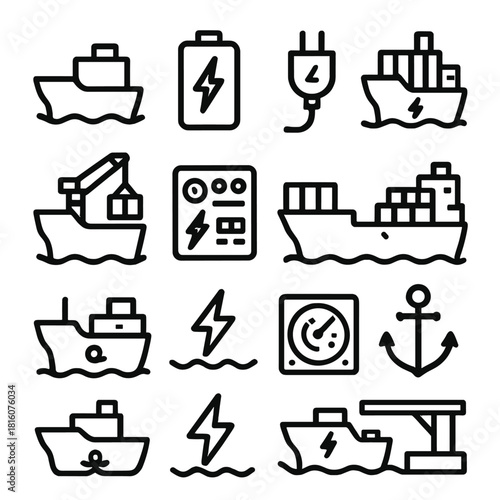 Electric Cargo Ship Icons. Electric cargo ships linear icon set: ship hull, propeller, battery icon, charging port, cargo container, crane, control panel, ocean wave, lightning