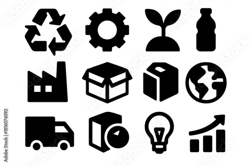 Circular Economy Icons. Circular Economy Icons silhouette icon set. recycle arrows, gear, plant sprout, factory, box, bottle, truck, packaging, earth, arrow loop, light bulb, chart