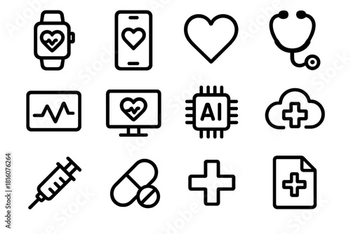 Smart Healthcare Icons. Smart Healthcare Devices linear icon set: smartwatch, smartphone, heart symbol, stethoscope, data chart, monitor, AI chip, cloud, syringe, pill, cross, file
