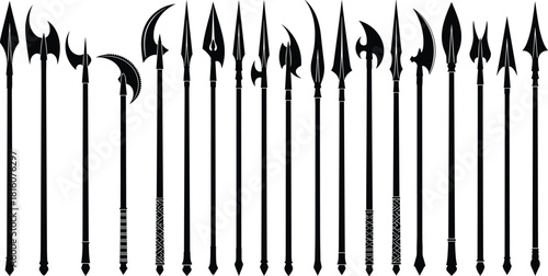 Silhouettes of medieval and fantasy polearms, spears, halberds, and glaives, featuring various blade designs and shaft textures, for gaming, historical, and combat illustrations. (24 words)
