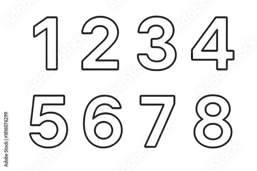 Outlined Numerals Display. Number elements linear icon set: numeral 1, numeral 2, numeral 3, numeral 4, numeral 5, numeral 6, numeral 7, numeral 8