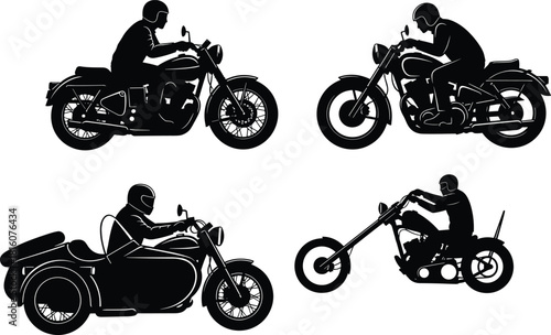 Silhouettes of motorcycle riders on various bikes, including choppers, cruisers, and a sidecar model, illustrating road travel, biker culture, speed, adventure, and classic transportation. (24 words)
