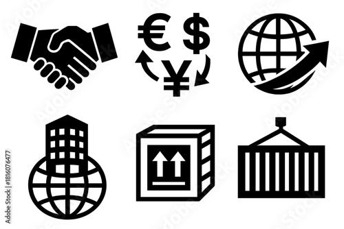 Bold Business Icons. International Business silhouette icon set. handshake icon, currency symbols, trade route, global office, export crate, shipping container.