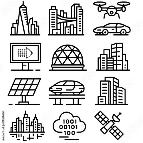 Futuristic City Icons. Futuristic cityscape linear icon set. neon tower, sky bridge, drone, digital billboard, glass dome, hover car, solar panel, monorail, smart building, skyline