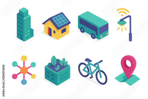 Smart City Icons. Smart Cities flat icons set. green skyscraper, solar roof, electric bus, smart streetlight, data network, rooftop garden, bicycle, map pin
