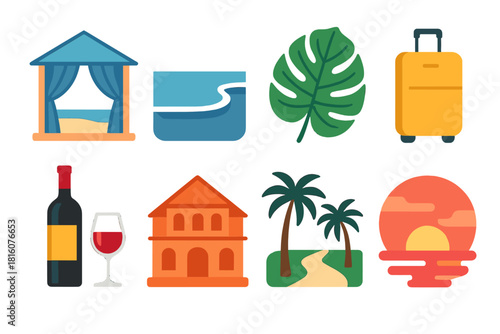 Luxurious Vacation Icons. Elegant Getaway flat icon set: seaside cabana, infinity pool edge, tropical leaf, gold luggage, fine wine, luxury villa, palm-lined path, sunset sky