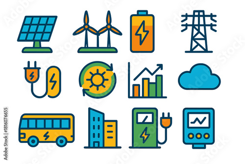 Renewable Energy Icons. Sustainable grid flat icons set. solar array, wind farm, storage cell, power pole, energy cable, renewable icon, data chart, cloud, electric bus, building