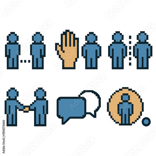 Social Boundaries Icons. Social Boundaries pixel style icon set: distance line, respectful space icon, shared zone marker, group edge, polite gesture, communication bubble