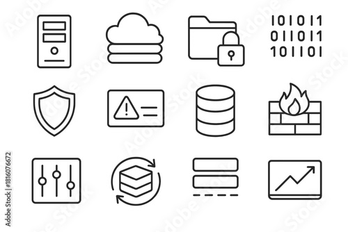 Business Continuity Icons. Business Continuity linear icon set. server tower, cloud stack, secure folder, data stream, shield icon, alert popup, storage drive, firewall grid