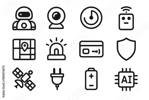 Patrol Tech Icon Set. Patrol Robot Technology Icons linear icon set. robot, camera lens, radar, remote control, map grid, light beacon, keycard, shield, satellite, plug, battery