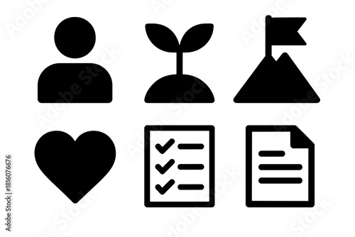 Personal Growth Icons. Personal growth silhouette icon set. person icon, plant sprout, flag on mountain, heart, checklist, document.