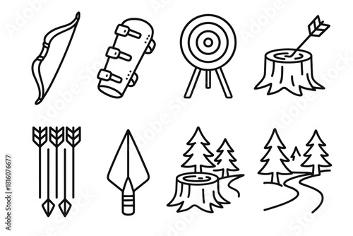 Archery Icons. Traditional Archery linear icon set: wooden bow, string, leather armguard, target board, arrow bundle, tree stump, arrow tip, forest path