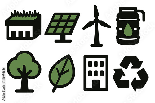 Sustainable Icons. Sustainable Architecture silhouette icon set: green roof, solar panel, wind turbine, rainwater tank, tree, leaf, building, recycle symbol