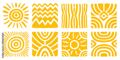 Collection of yellow abstract geometric ethnic style vector designs on white background