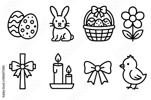 Easter Icon Collection. Easter Celebration linear icon set. painted eggs, bunny, basket, flowers, cross, candles, ribbons, chick