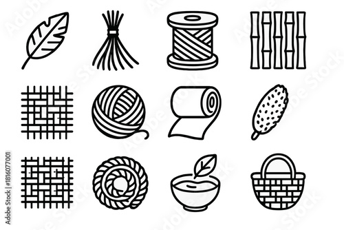 Sustainable Material Icons. Sustainable materials linear icon set: jute fiber, sisal strand, hemp thread, bamboo mat, cotton weave, wool yarn, linen roll, coir brush, woven texture