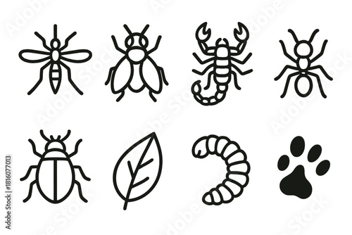 Tropical Insect Icons. Tropical insects concept linear icon set: mosquito, fly, scorpion, ant, beetle, leaf, larva, footprint