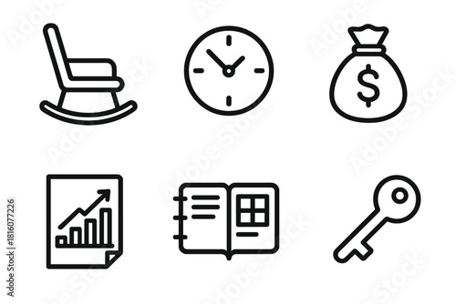 Retirement Icon Set. Retirement Planning linear icon set. rocking chair, clock, coin bag, savings chart, planner, key