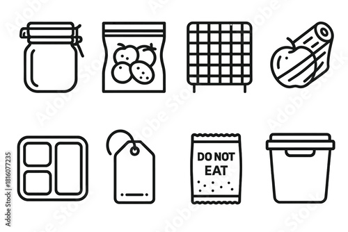 Food Storage Icons. Freshness Preservation Set linear icon set: airtight jar, vacuum seal bag, cooling rack, produce wrap, portion divider, freezer label tag, moisture absorber