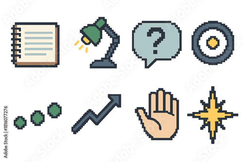 Personal Learning Icons. Personal Learning Elements pixel style icon set: notebook, study lamp, question bubble, clarity ring, progress dots, upward path, mindful hand, guiding