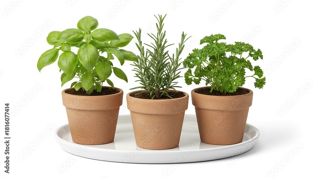 Fototapeta premium Fresh Herbs in Pots - Basil, Rosemary, and Parsley.