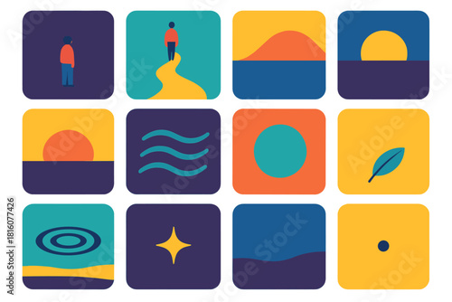 Lonely Distant Journey. Lonely Distance flat icon set: far-off figure, long trail, distant hill, fading sun, cool wind lines, empty space icon, quiet ripple, small spark, lone leaf