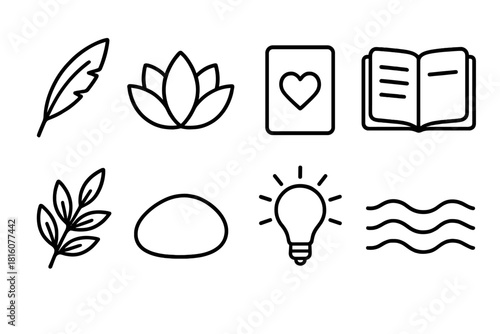 Mindful Icon Set. Mindful Notes linear icon set: feather pen, lotus flower, affirmation card, journal page, leaf sprig, smooth stone, soft light icon, calm waves