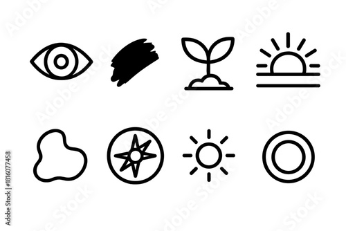 Abstract Renewal Icons. Renewed Vision linear icon set. eye, paint stroke, seedling, horizon line, sunrise, abstract shape, compass, glowing circle