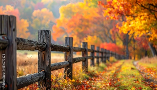Scenic Wooden Fence Bordered by Vibrant Fall Foliage in a Rural Landscape