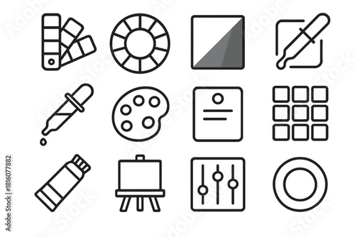 Color Inspiration Icons. Color Palette Inspiration linear icon set. paint swatches, color wheel, gradient square, brush, dropper tool, palette board, sample card, tone grid, paint