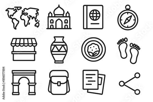 Cultural Exploration Icons. Cultural Exploration Icons linear icon set: world map, landmark silhouette, travel journal, curiosity compass, market stall outline, traditional
