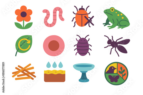 Vibrant Ecosystem Icons. Ecosystem Support Set flat icon set: pollinator flower, soil-aeration worm, pest-control beetle, garden toad, nutrient-cycle leaf, mulch ring, compost