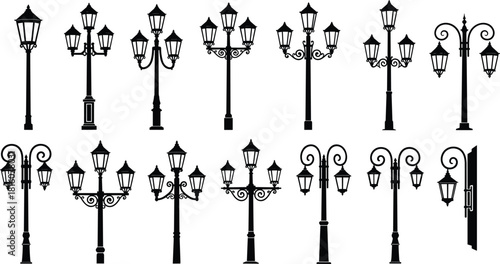 Silhouettes of vintage street lamps and ornate lampposts, featuring antique European and urban designs, representing lighting, architecture, 