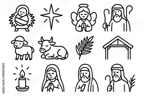 Nativity Scene Icons. Sacred Nativity Scene linear icon set. baby Jesus, manger straw, shining star, angel, shepherd, lamb, ox, palm leaf, stable roof, candle glow, Mary, Joseph