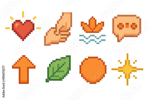 Compassionate Icons Set. Compassionate Response pixel style icon set: heart beam, helping hand, calming symbol, reassurance bubble, uplift arrow, comfort leaf, soothing circle