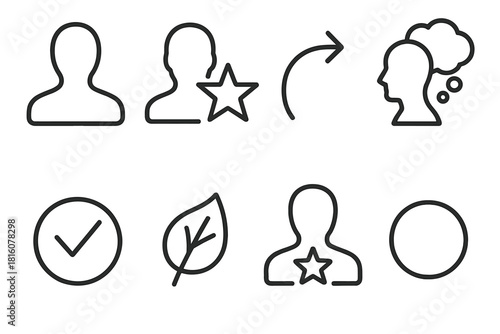 Unique Silhouette Icons. Personal Difference linear icon set: unique silhouette, individuality star, distinct path arrow, varied mindset bubble, identity mark, contrast leaf