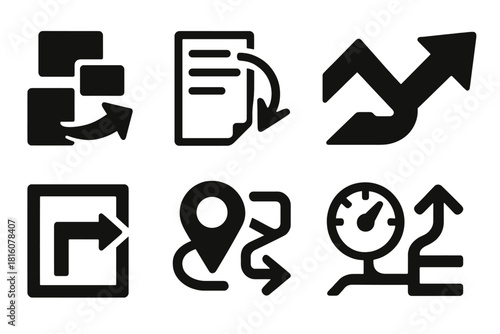 Bold Adaptability Icons. Adaptability actions silhouette icon set: switching task, realigning plan, quick response arrow, adjusting dial, reframing box, turning point marker