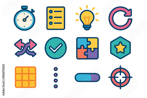 Puzzle Game Icons. Puzzle Gaming flat icon set: timer, score sheet, hint bulb, reset arrow, shuffle icon, checkmark solution, puzzle map, challenge badge, grid board, drag handle