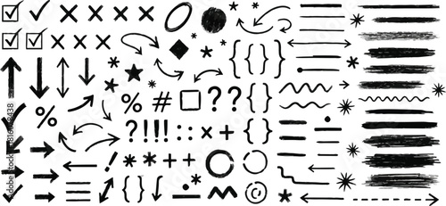 Hand drawn arrows and symbols doodle set check mark