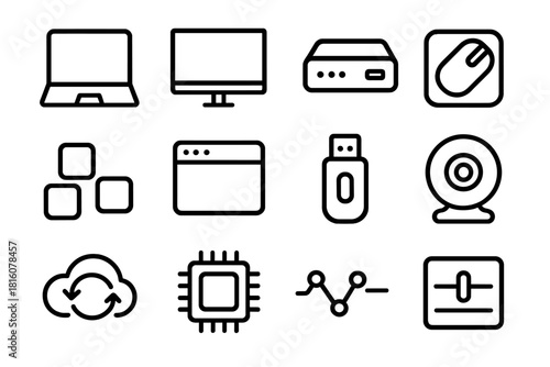 Tech Workspace Icons. Tech Workspace Pack linear icon set: open laptop, external monitor, docking station, mouse pad, keyboard keys, task window, storage device, webcam icon, cloud