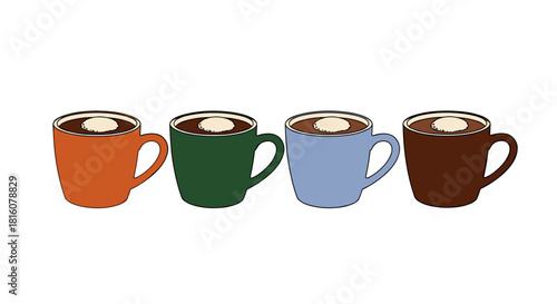 Four colored coffee cups with cream on white background  